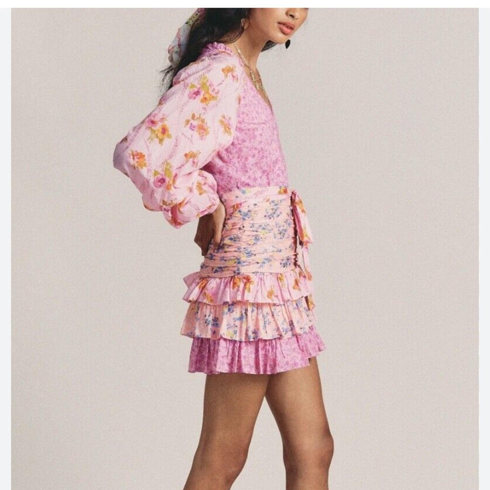 LOVESHACKFANCY Rina Floral Print Ruffled Mini Dress, Exploded Pink - Picture 2 of 5